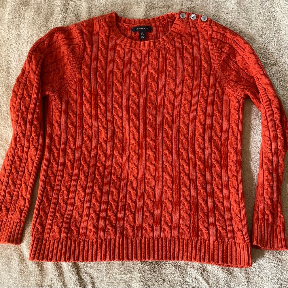 Lands' End Orange Crew Neck Cable Knit Sweater